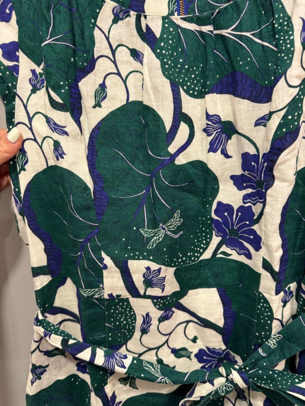 Lands' End Green and Navy Floral Belted Linen Cap-Sleeve Dress - Picture 8 of 8